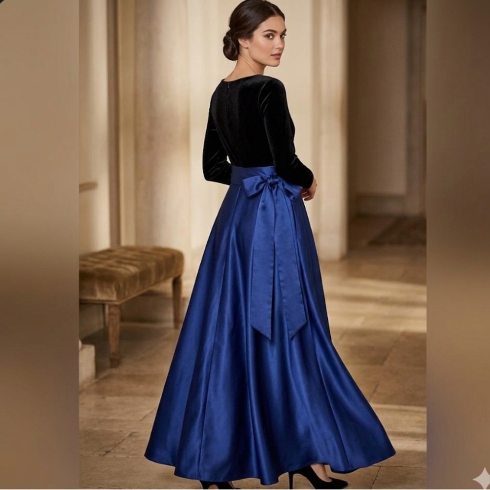 TALBOTS NAVY & BLACK VELVET SATIN BELTED 3/4 SLEEVE LONG GOWN DRESS SIZE 10